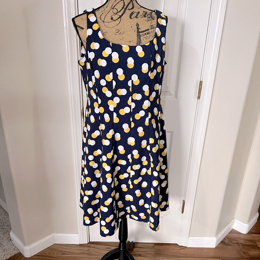 Ronni Nicole Polka Dot Midi Dress, navy blue w/ yellow & white polka dots